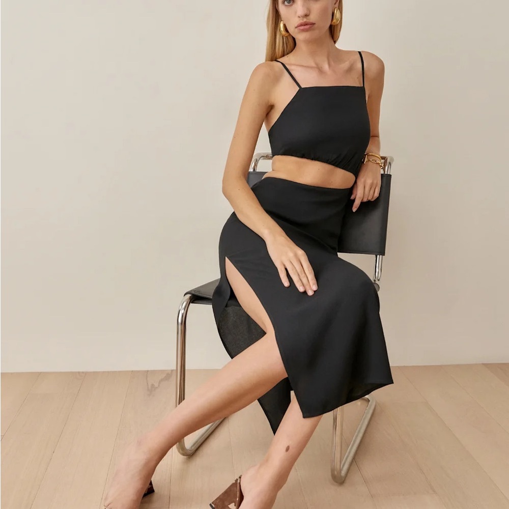 Reformation Black Cut Out Slit Midi Dress
